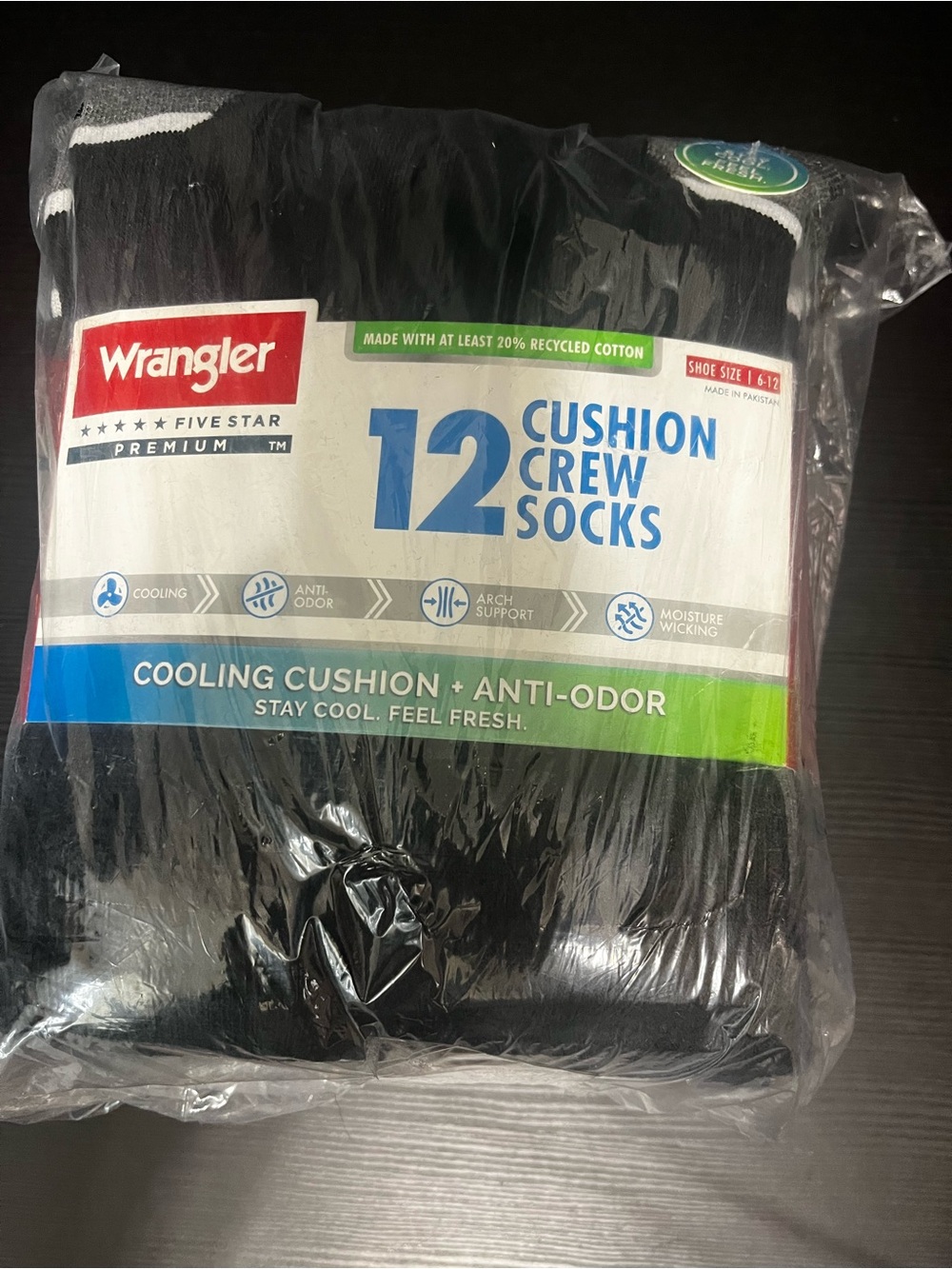 Wrangler 12 pack Five Star Premium Cushion Crew socks with cooling&anti odor